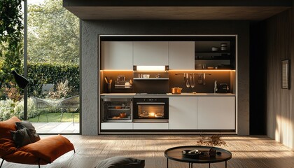 A compact kitchen efficiently utilizing every inch of space with custom-designed storage solutions, offering both and practicality for a modern home.