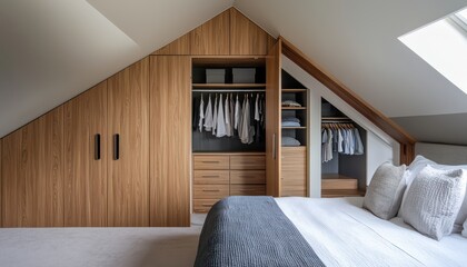 A custom-made closet built into the master bedroom with open doors and smart storage solutions, integrating seamlessly with the sloped roof design.