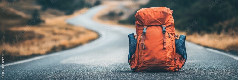 Poster travelers backpack rests confidently on an empty road surrounded by nature at dusk. generative ai