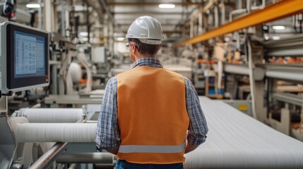 A textile engineer inspecting advanced machines in a factory, with digital displays showing fabric measurements, industrial precision,