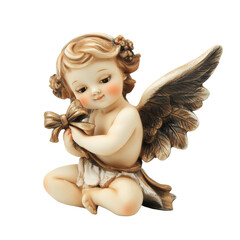 Fototapeta premium A delicate cherub figurine sits gracefully, holding a decorative bow