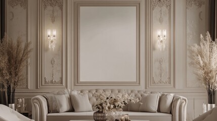 Elegant living room with large frame, sofa, and pampas grass.