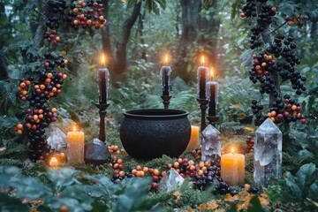 Black candles, crystals, and a witch cauldron surrounded by rowan tree berries in a mystical forest. 
