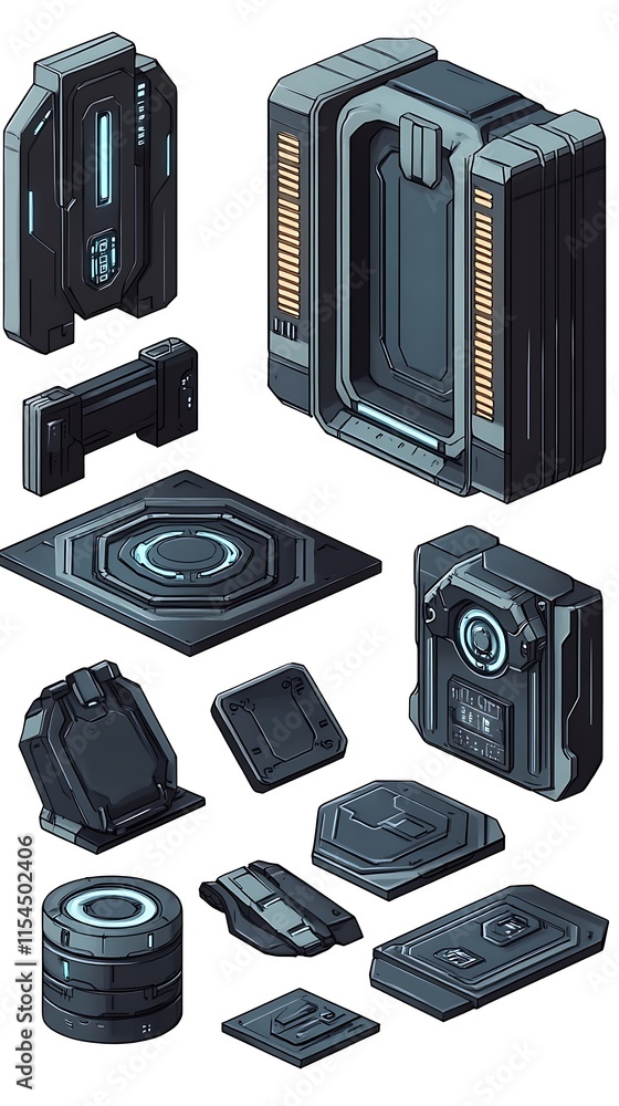 Poster futuristic sci fi technology components. concept of spaceship, cyberpunk, and advanced technology.