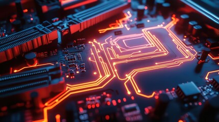 Obraz premium Close-up of a circuit board with glowing red pathways and components.