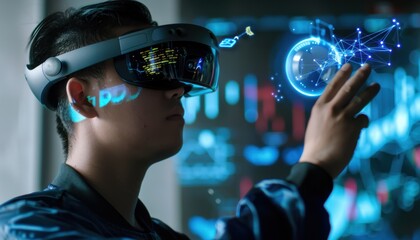 A person wearing a VR headset interacts with digital holograms.