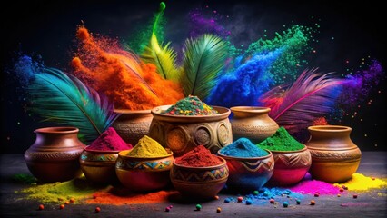 Fototapeta premium Vibrant Powder Colors Explode From Earthenware Bowls Surrounded by Colorful Feathers on a Dark Background