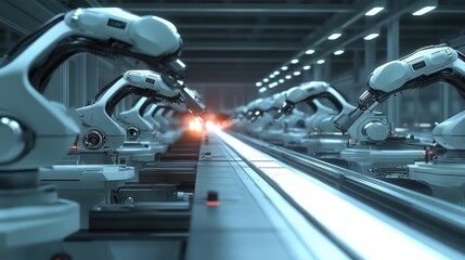 Fototapeta premium A row of robotic arms in a modern industrial setting for automation.