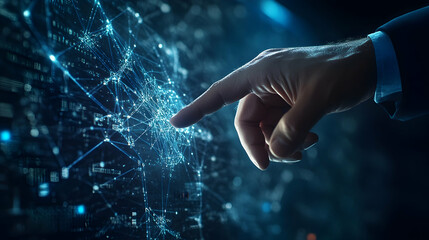 Man's hand interacting with a complex digital data network visualization exploring abstract connections and technology interface