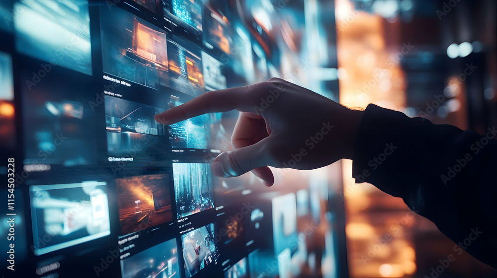 Aufkleber a person's hand touches a large digital screen displaying various moving image previews with a blurr