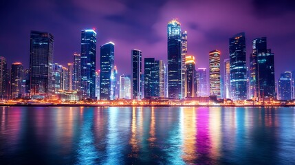 Fototapeta premium Cityscape at Night with Illuminated Skyscrapers and Vibrant Urban Lights