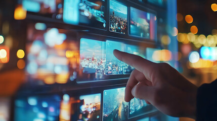 Hand touching interactive digital display with cityscapes nighttime bokeh lights background