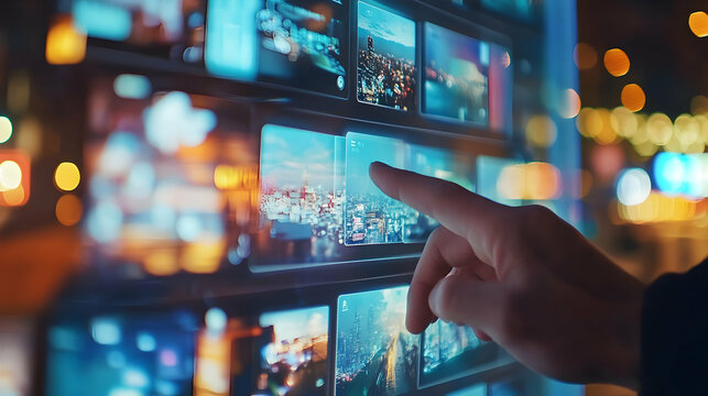 Hand touching interactive digital display with cityscapes nighttime bokeh lights background