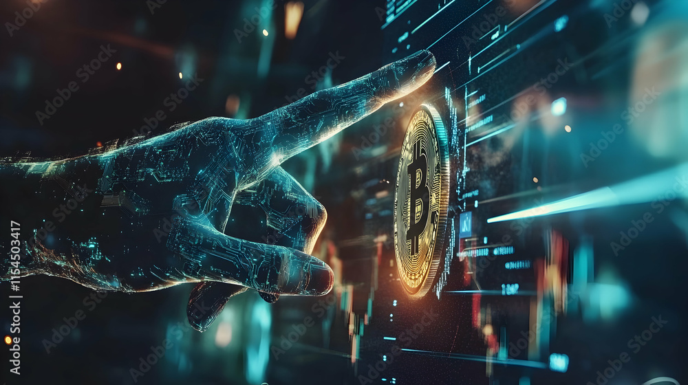 Poster digital hand touches bitcoin on a financial chart display analyzing cryptocurrency market trends and