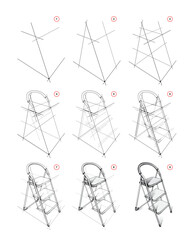 Page shows how to learn to draw from life a sketch of a stepladder in perspective. Pencil drawing lessons. Educational tutorial for artists. Development of artistic skills. Hand drawn vector.
