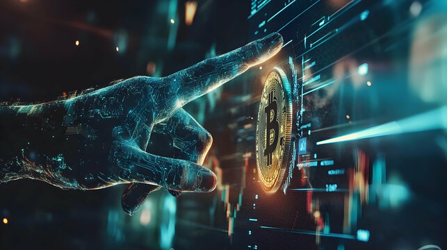 Digital hand touches Bitcoin on a financial chart display analyzing cryptocurrency market trends and blockchain technology