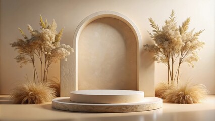 Fototapeta premium A minimal beige and white pedestal with two decorative dried grass arrangements flanking a stone archway