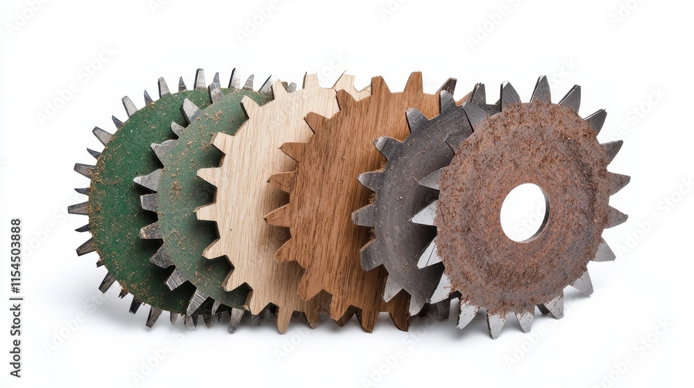 Poster assorted mechanical cog gears or cogwheels stacked in industrial setting