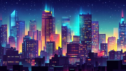 Cityscape at Night with Illuminated Skyscrapers and Vibrant Urban Lights