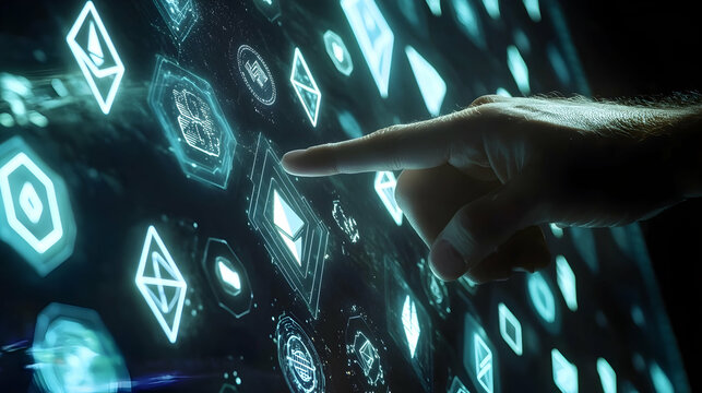 Hand interacting with illuminated digital interface displaying cryptocurrency icons and blockchain related symbols on a dark screen