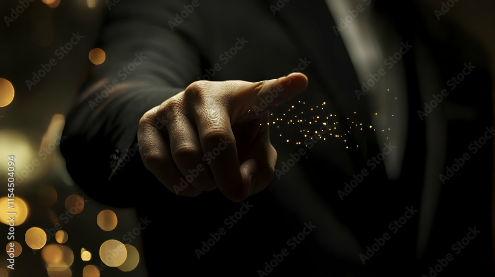 Poster a hand in dark suit points with golden particles emanating from fingertip digital interface technolo