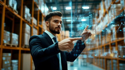 Warehouse manager interacts with digital inventory data system using touch interface in modern logistics environment