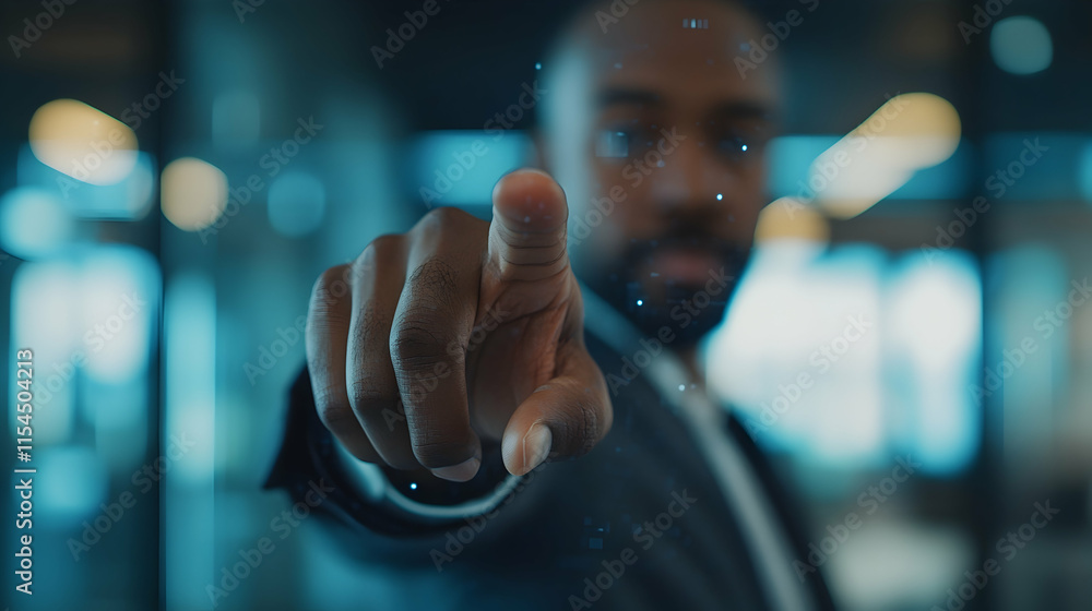Aufkleber close-up of a black man's index finger touching a transparent interface with digital particles again