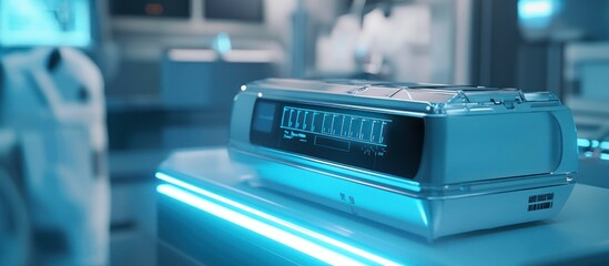 Fototapeta premium An advanced biocompatible electric battery designed for medical implants, displayed in a high-tech sterile environment, with soft blue lighting