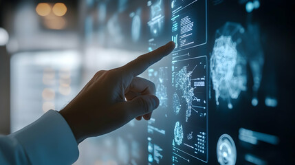 Human hand interacts with large digital interface displaying complex data visualization charts and anatomical scans in a modern tech setting