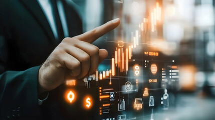 Man's hand interacting with a futuristic digital financial interface displaying data graphs and trading icons for business and investment decisions