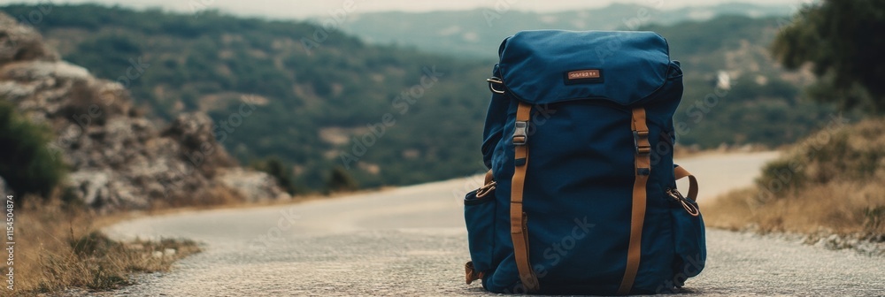 Poster travel backpack resting on a quiet country road with scenic hills in the background during daytime. 