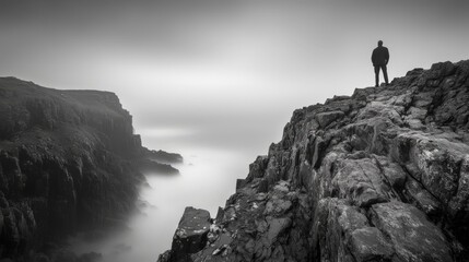 Fototapeta premium Silhouette on Cliffside Path with Dramatic Sea View