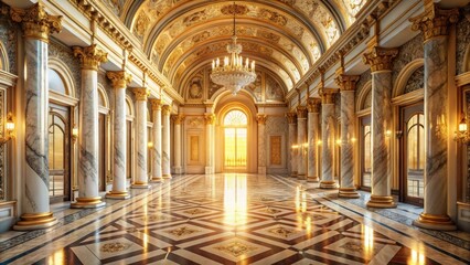 Obraz premium A grand hall with marble columns, golden accents, and a breathtaking view through a large arched window