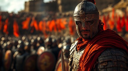 Byzantine soldier from the 8th century AD in intricate armor with a sword and shield in a Byzantine fort