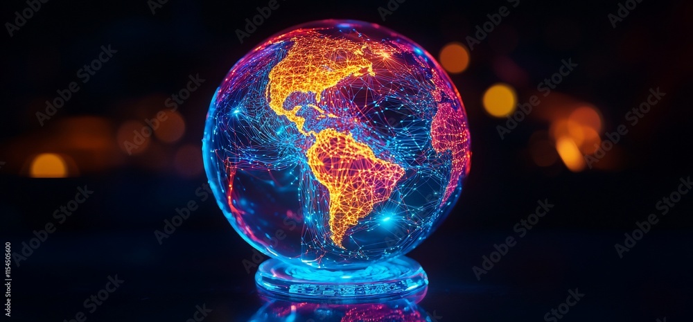 Poster a glowing globe displaying network connections across continents.
