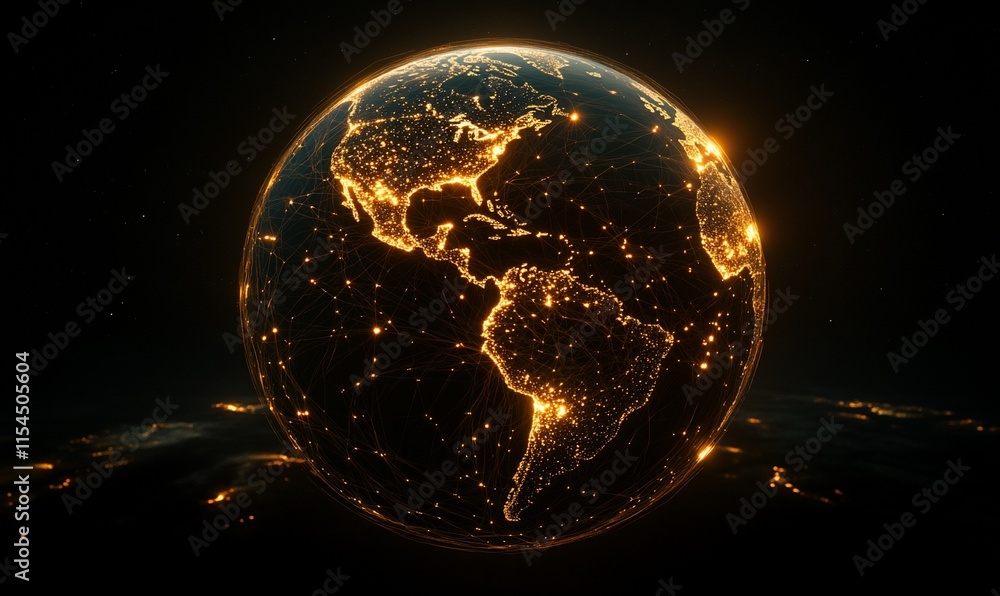 Poster a glowing globe depicting interconnected continents and digital networks.