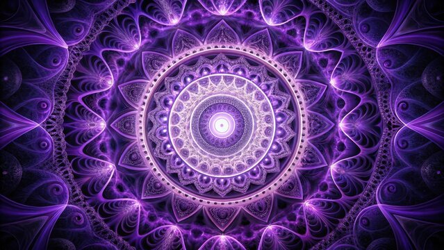 A vibrant purple mandala with intricate details and a radiant center, symbolizing the interconnectedness of all things.