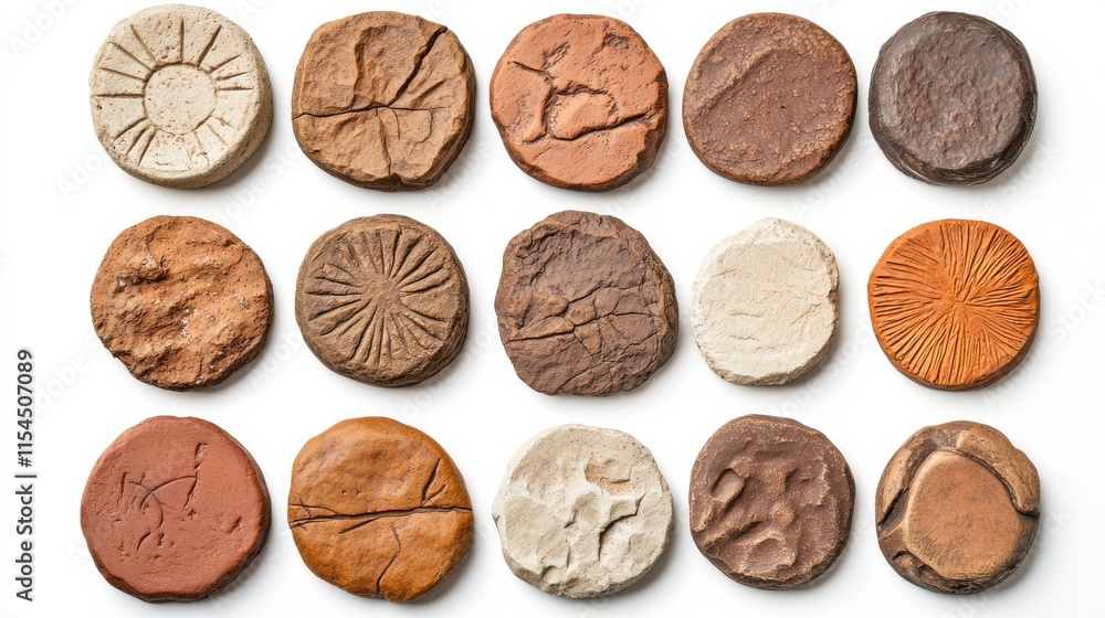 Poster assortment of diverse textural stone specimens arranged in rows