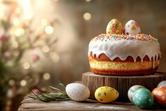 An exquisite Easter cake with colorful candy eggs is beautifully displayed with vibrant handpainted eggs on a rustic table, creating a festive atmosphere that captures the essence of the season