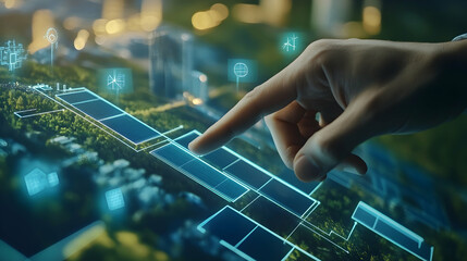 Human finger interacts with digital solar panel display over an urban landscape showing sustainable energy technology and smart city innovation