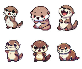 set collection cute expression otter pixel art vector