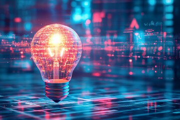 illuminated light bulb showcasing innovation creativity technology with futuristic data overlay for business intelligence and digital transformation concepts