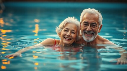 medium shot happy elderly couple emerging from a pool, warm soft lighting, vibrant complementary colors