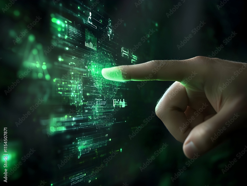 Poster human hand touches digital interface with glowing green data visualization interactive technology fo
