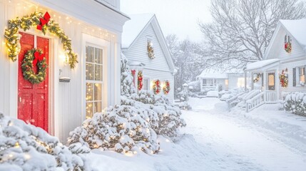 Charming Village Street Decorated for Winter Holiday in Snow