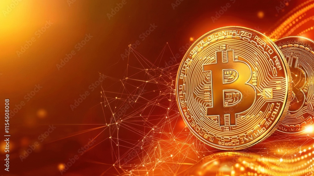Poster glowing bitcoin crypto currency on abstract futuristic network background