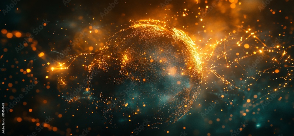Poster a glowing, abstract representation of a planet surrounded by luminous particles.