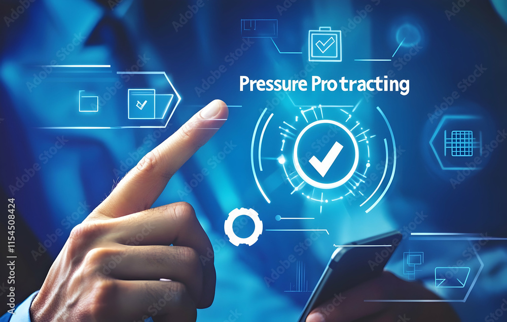 Poster man taps smartphone screen on blue holographic interface with pressure protracting text and glowing 