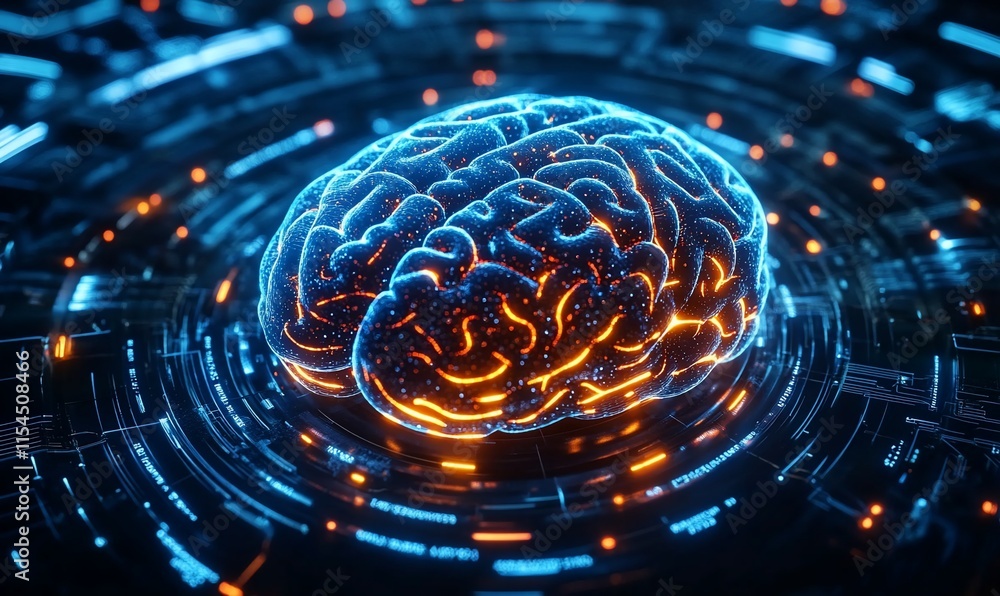 Aufkleber a glowing, digital brain surrounded by abstract data patterns and lights.