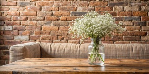 Rustic Wooden Table With Simple White Flowers in a Glass Vase Against a Brick Wall Background